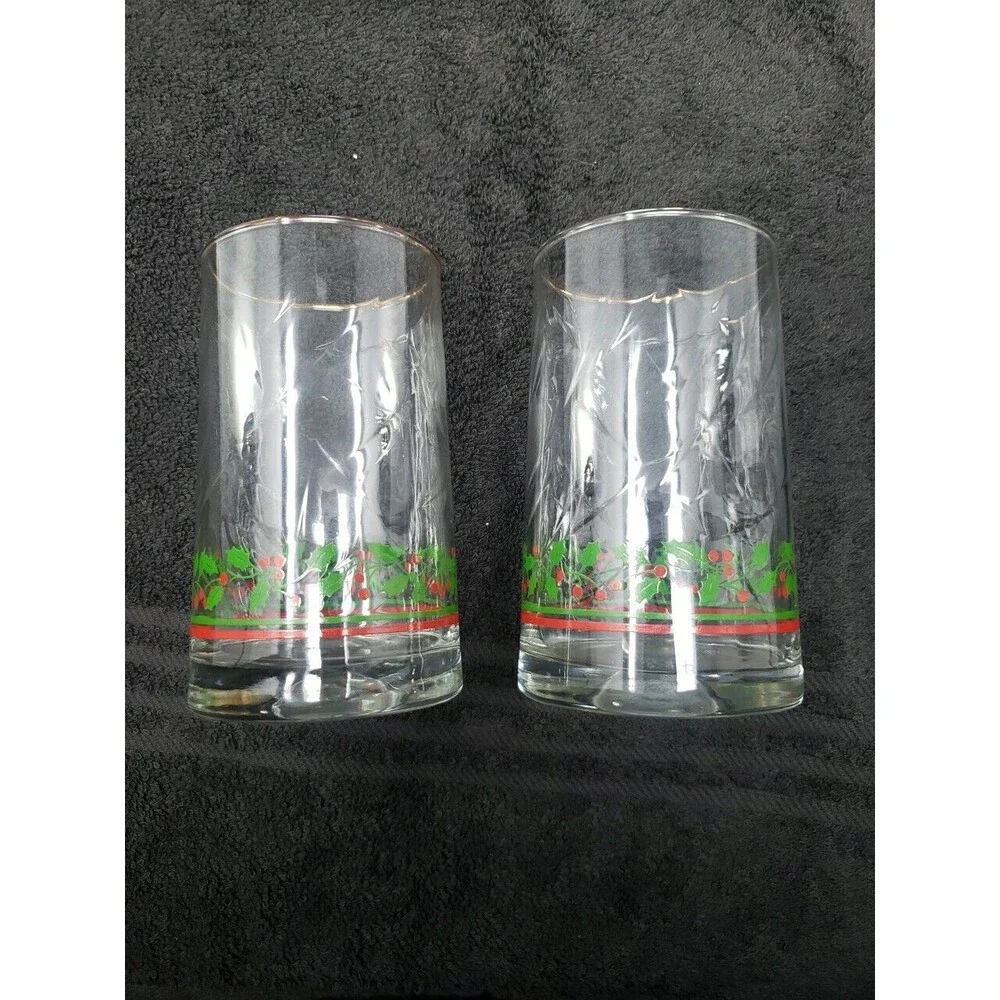 Arby's Holly Berry Tumbler Glasses VTG Christmas 1984 Heavy Weight Base Gold Rim